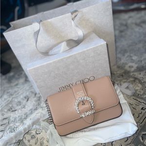 Brand new Jimmy Choo Cheri Wallet Chain soft grainy nude Leather Cross Body Bag